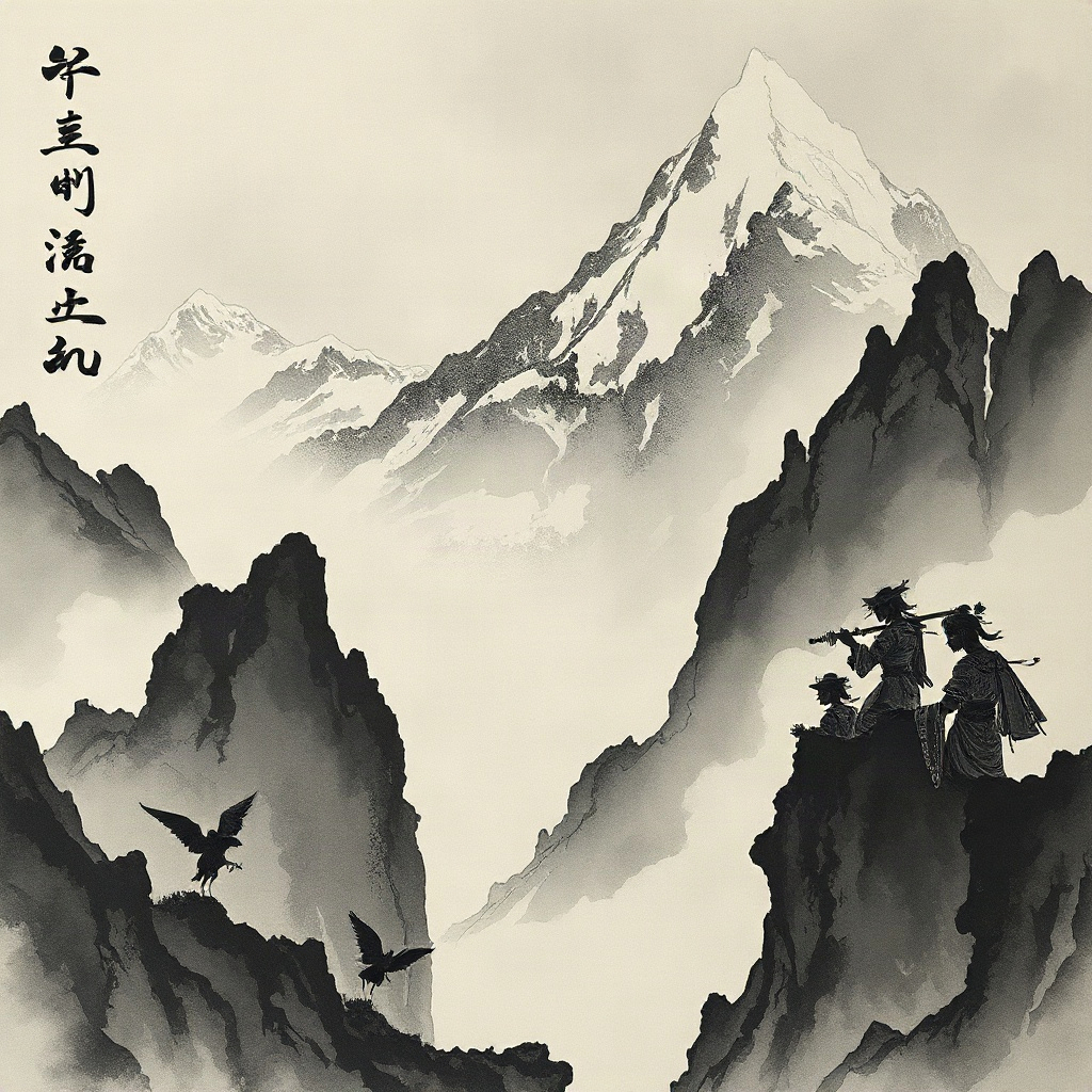 AI ancient style myth anthology drama cover with ink wash mountains
